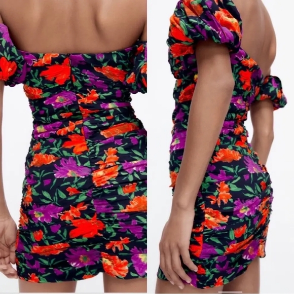 Zara Vibrant Off the Shoulder Mini Dress Floral Size Medium - Picture 4 of 9